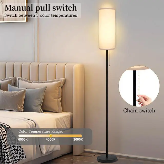 Alt view image 7 of 7 - Floor Lamp for Living Room, Modern Standing Lamps with Lampshade, Minimalist Tall Lamp with Chain Switch for Living Room, Bedroom, Kids Room, Office,Standing Lamp LED Bulb Included (White Shade)