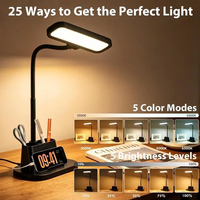 Alt view image 2 of 7 - LED Desk Lamp for Dorm Small Desk Lamp with Pen Holder 5 Color Modes Black