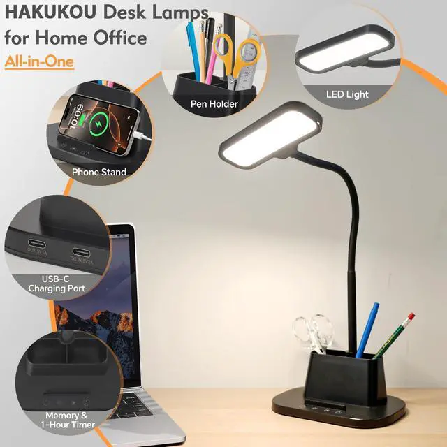 Alt view image 3 of 7 - LED Desk Lamp for Dorm Small Desk Lamp with Pen Holder 5 Color Modes Black