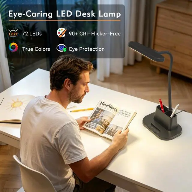 Alt view image 4 of 7 - LED Desk Lamp for Dorm Small Desk Lamp with Pen Holder 5 Color Modes Black
