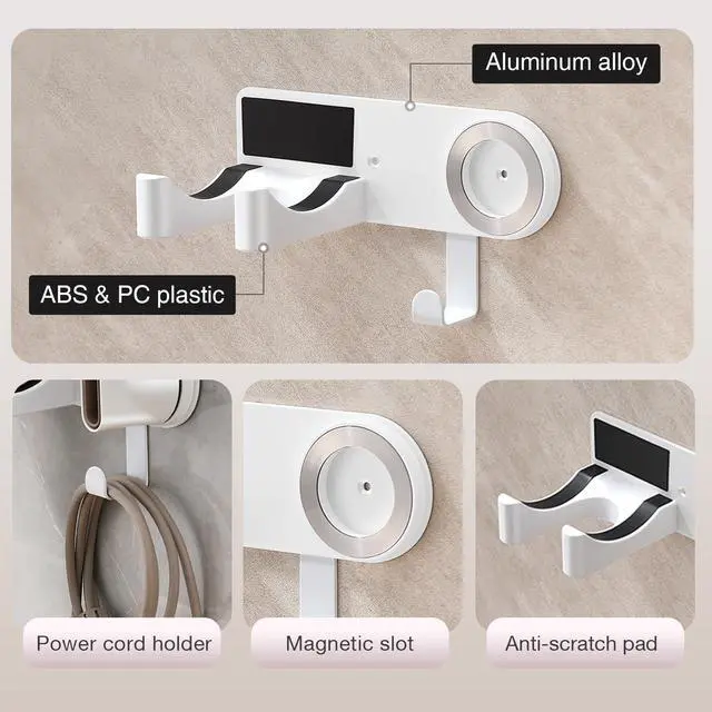 Alt view image 3 of 7 - White Hair Dryer Holder, Wall-Mounted Blow Dryer Holder