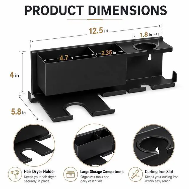 Alt view image 3 of 7 - Hair Dryer Holder Hot Tools Organizer, Blow Dryer Holder Wall Mount, Bathroom Hair Tool Organizer Rack for Universal Dryer Black