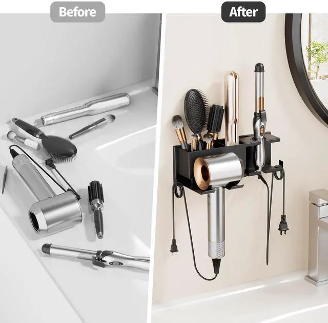 Alt view image 5 of 7 - Hair Dryer Holder Hot Tools Organizer, Blow Dryer Holder Wall Mount, Bathroom Hair Tool Organizer Rack for Universal Dryer Black