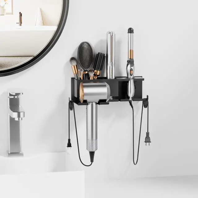 Alt view image 7 of 7 - Hair Dryer Holder Hot Tools Organizer, Blow Dryer Holder Wall Mount, Bathroom Hair Tool Organizer Rack for Universal Dryer Black
