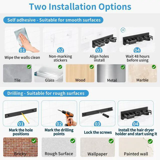 Alt view image 5 of 7 - Hair Dryer Holder Wall Mounted, Self-Adhesive or Drill Mount