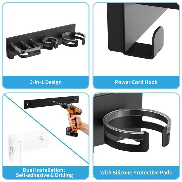 Alt view image 6 of 7 - Hair Dryer Holder Wall Mounted, Self-Adhesive or Drill Mount