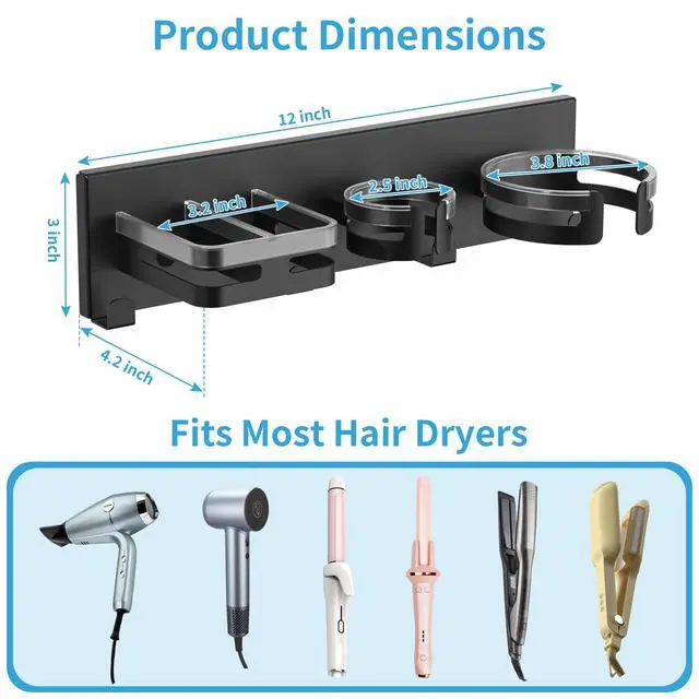 Alt view image 3 of 7 - Hair Dryer Holder Wall Mounted, Self-Adhesive or Drill Mount