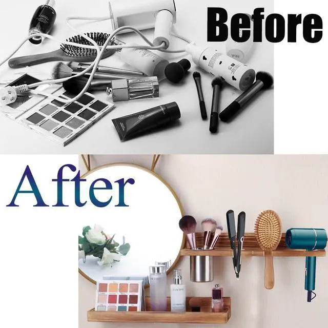 Alt view image 2 of 6 - Hair Tool Organizer Wall Mount 2 Layer Wooden Blow Dryer Holder