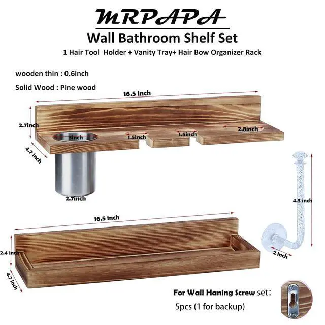 Alt view image 3 of 6 - Hair Tool Organizer Wall Mount 2 Layer Wooden Blow Dryer Holder