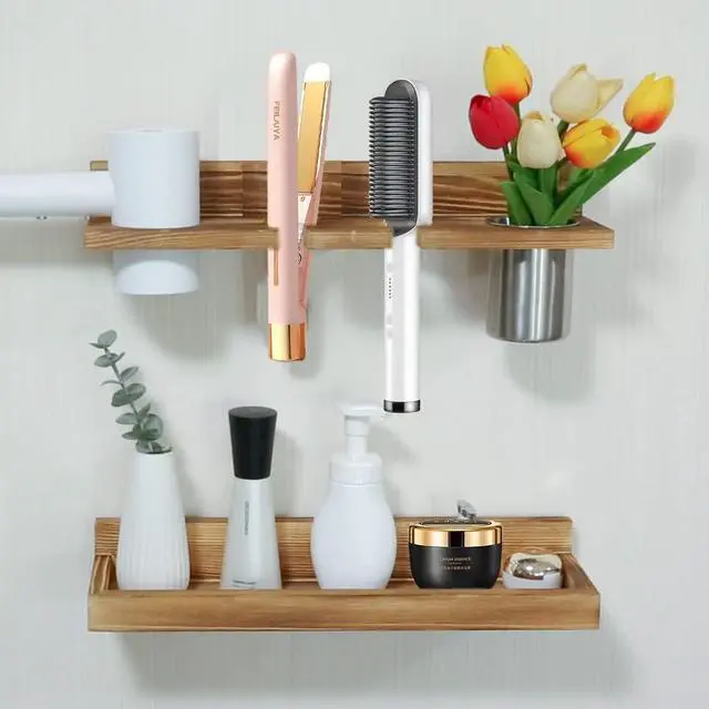 Alt view image 4 of 6 - Hair Tool Organizer Wall Mount 2 Layer Wooden Blow Dryer Holder