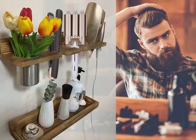 Alt view image 5 of 6 - Hair Tool Organizer Wall Mount 2 Layer Wooden Blow Dryer Holder