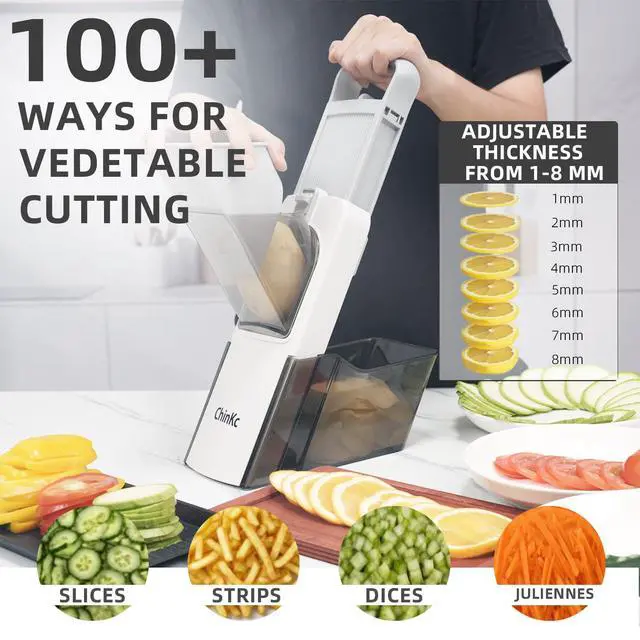Alt view image 3 of 7 - Upgrade Safe Mandoline Slicer for Kitchen,Adjustable Vegetable Food Chopper Onion Potato Fries Cutter, Veggie Salad Julienne + Dicer, with Draining basket, Kitchen Chopping Artifact, Gift