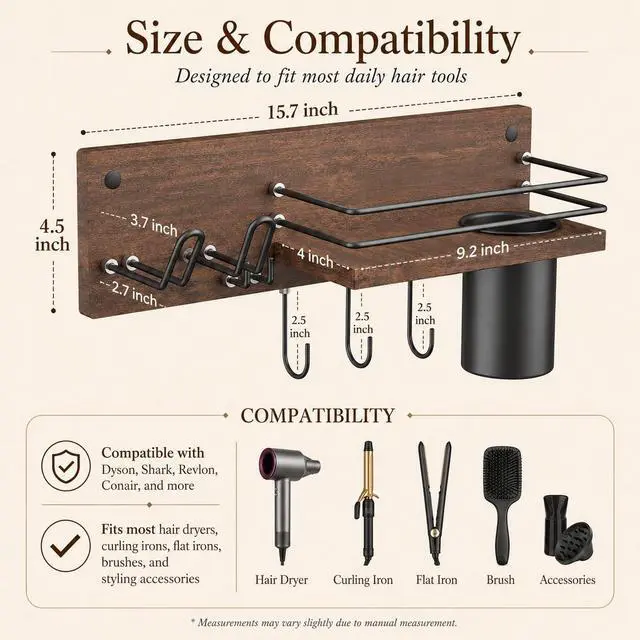 Alt view image 2 of 7 - Wooden Hair Dryer Holder Wall Mounted, Bathroom Hair Tool Organizer, Blow Dryer Holder Shelf, Curling Iron and Hair Styling Tools Organizer