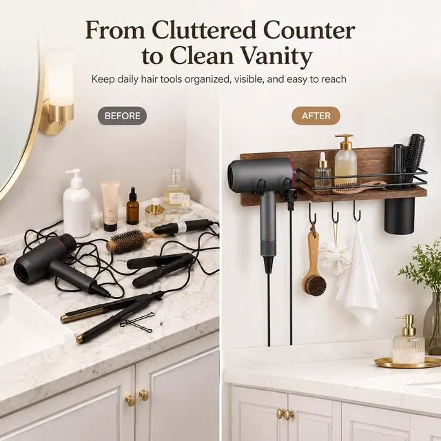 Alt view image 3 of 7 - Wooden Hair Dryer Holder Wall Mounted, Bathroom Hair Tool Organizer, Blow Dryer Holder Shelf, Curling Iron and Hair Styling Tools Organizer