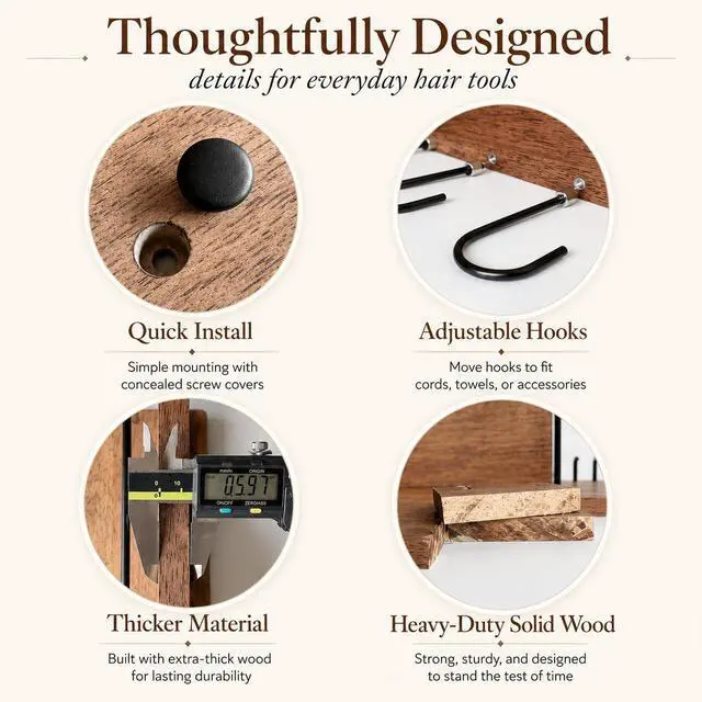 Alt view image 4 of 7 - Wooden Hair Dryer Holder Wall Mounted, Bathroom Hair Tool Organizer, Blow Dryer Holder Shelf, Curling Iron and Hair Styling Tools Organizer