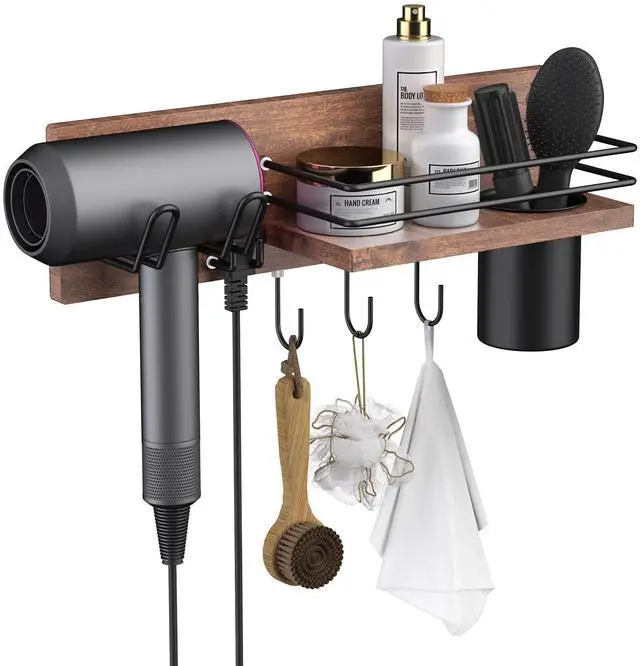 Main image of Wooden Hair Dryer Holder Wall Mounted, Bathroom Hair Tool Organizer, Blow Dryer Holder Shelf, Curling Iron and Hair Styling Tools Organizer