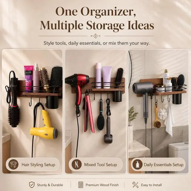 Alt view image 5 of 7 - Wooden Hair Dryer Holder Wall Mounted, Bathroom Hair Tool Organizer, Blow Dryer Holder Shelf, Curling Iron and Hair Styling Tools Organizer