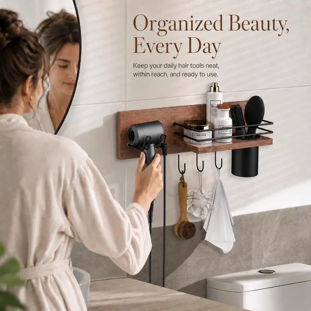 Alt view image 7 of 7 - Wooden Hair Dryer Holder Wall Mounted, Bathroom Hair Tool Organizer, Blow Dryer Holder Shelf, Curling Iron and Hair Styling Tools Organizer