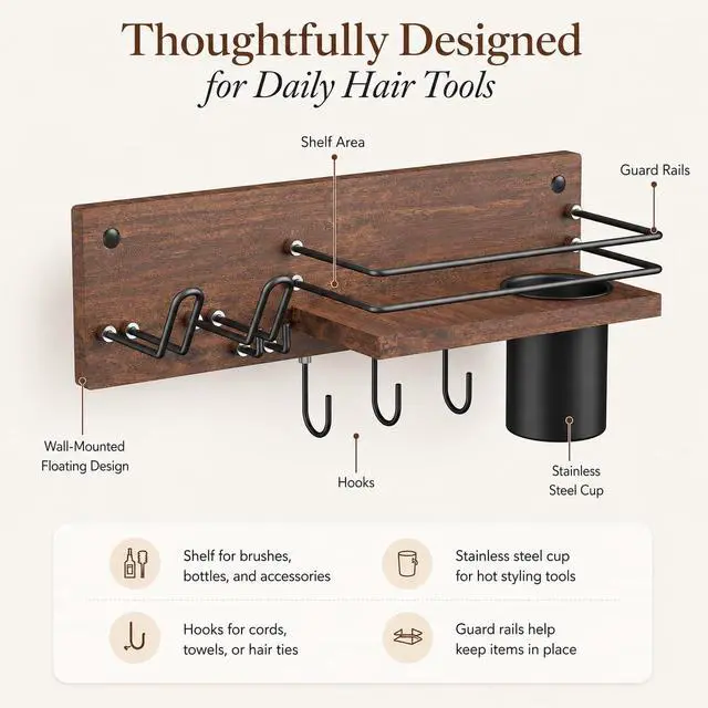Alt view image 6 of 7 - Wooden Hair Dryer Holder Wall Mounted, Bathroom Hair Tool Organizer, Blow Dryer Holder Shelf, Curling Iron and Hair Styling Tools Organizer