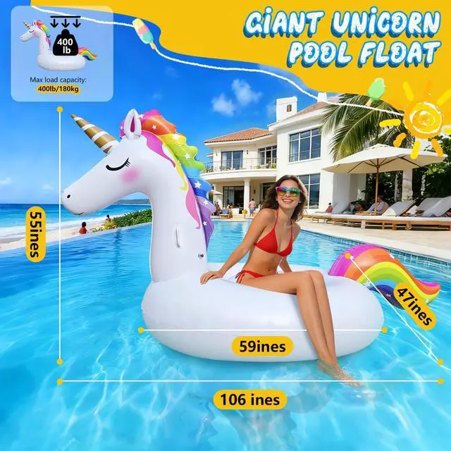Alt view image 2 of 7 - Giant Inflatable Unicorn Pool Float Floaties, Rainbow Mane Ride-On Swimming Pool Toy for Adults & Kids, Summer Fun Vacation Beach Lake Water Floaties Raft Lounger