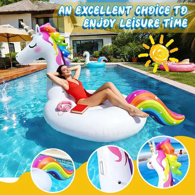 Alt view image 3 of 7 - Giant Inflatable Unicorn Pool Float Floaties, Rainbow Mane Ride-On Swimming Pool Toy for Adults & Kids, Summer Fun Vacation Beach Lake Water Floaties Raft Lounger