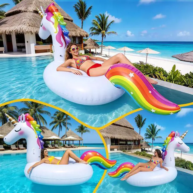 Alt view image 5 of 7 - Giant Inflatable Unicorn Pool Float Floaties, Rainbow Mane Ride-On Swimming Pool Toy for Adults & Kids, Summer Fun Vacation Beach Lake Water Floaties Raft Lounger