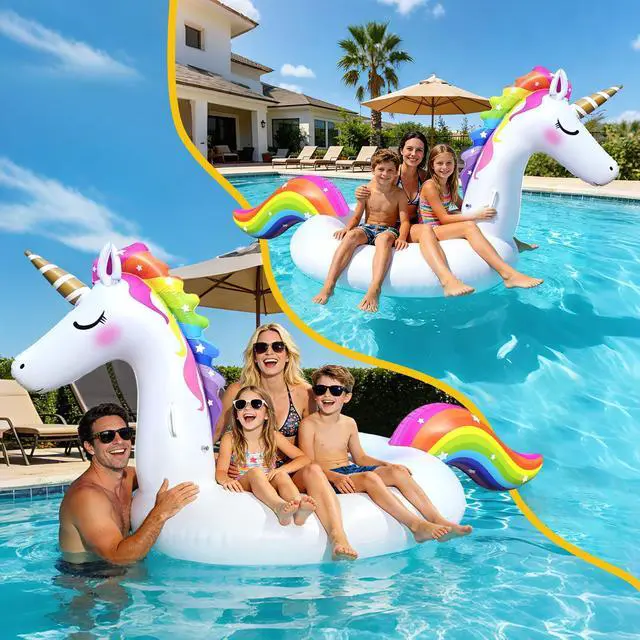 Alt view image 6 of 7 - Giant Inflatable Unicorn Pool Float Floaties, Rainbow Mane Ride-On Swimming Pool Toy for Adults & Kids, Summer Fun Vacation Beach Lake Water Floaties Raft Lounger