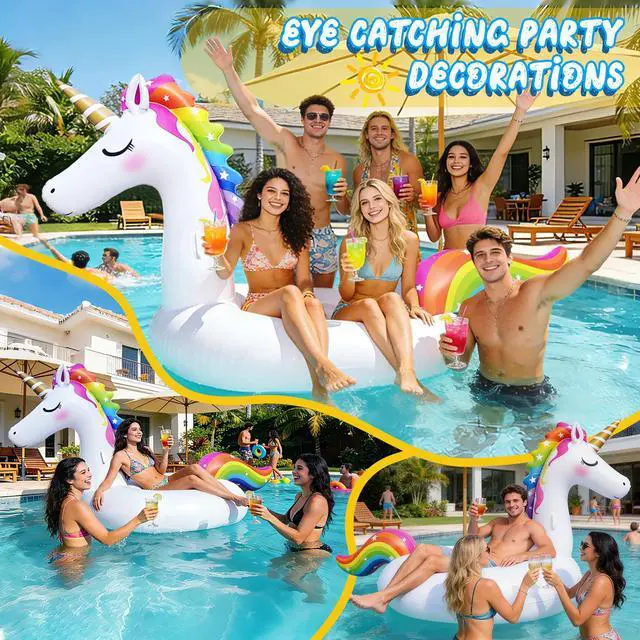 Alt view image 4 of 7 - Giant Inflatable Unicorn Pool Float Floaties, Rainbow Mane Ride-On Swimming Pool Toy for Adults & Kids, Summer Fun Vacation Beach Lake Water Floaties Raft Lounger