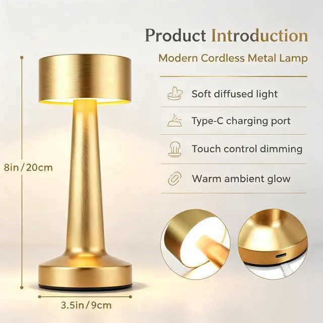 Alt view image 2 of 7 - Portable LED Table Lamp, 3-Levels Brightness Metal Desk Lamp,3 Color Touch Control RechargeableLamp, Ideal Bedside Lamp for Nightstand, Bedroom,Living Room (Light Golden)