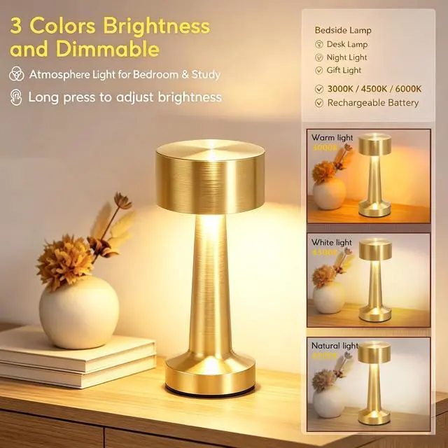 Alt view image 3 of 7 - Portable LED Table Lamp, 3-Levels Brightness Metal Desk Lamp,3 Color Touch Control RechargeableLamp, Ideal Bedside Lamp for Nightstand, Bedroom,Living Room (Light Golden)