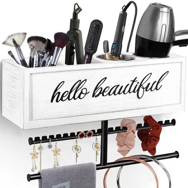 Main image of Rustic Hair Dryer Holder Wall Mounted,Hair Styling Tools & Accessories Organizer,Bathroom Supplies & hot Tools vanities Organizer Caddy,for Storage Flat Iron,Blow Dryer,Curling Iron (White)