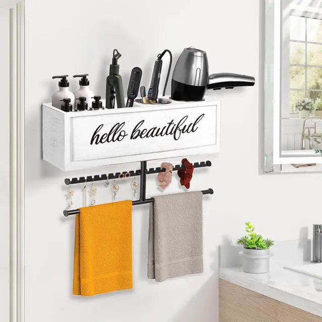 Alt view image 2 of 7 - Rustic Hair Dryer Holder Wall Mounted,Hair Styling Tools & Accessories Organizer,Bathroom Supplies & hot Tools vanities Organizer Caddy,for Storage Flat Iron,Blow Dryer,Curling Iron (White)