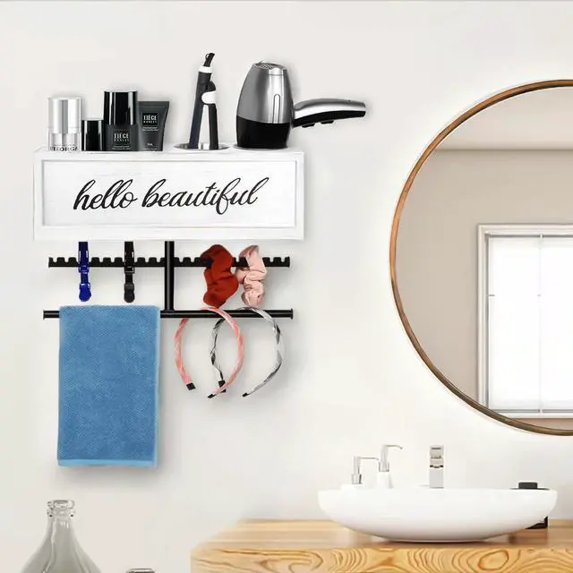 Alt view image 3 of 7 - Rustic Hair Dryer Holder Wall Mounted,Hair Styling Tools & Accessories Organizer,Bathroom Supplies & hot Tools vanities Organizer Caddy,for Storage Flat Iron,Blow Dryer,Curling Iron (White)
