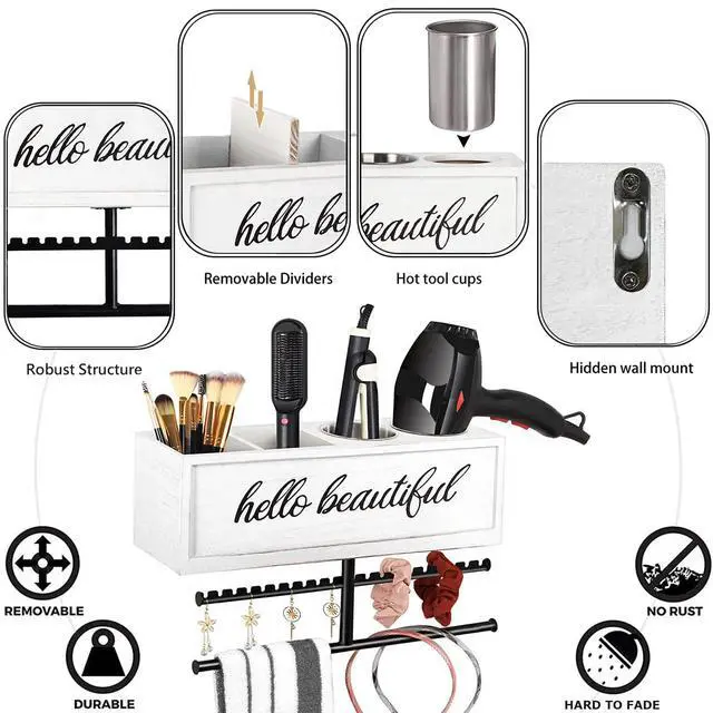 Alt view image 4 of 7 - Rustic Hair Dryer Holder Wall Mounted,Hair Styling Tools & Accessories Organizer,Bathroom Supplies & hot Tools vanities Organizer Caddy,for Storage Flat Iron,Blow Dryer,Curling Iron (White)
