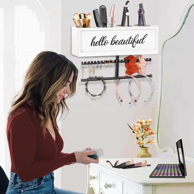 Alt view image 5 of 7 - Rustic Hair Dryer Holder Wall Mounted,Hair Styling Tools & Accessories Organizer,Bathroom Supplies & hot Tools vanities Organizer Caddy,for Storage Flat Iron,Blow Dryer,Curling Iron (White)