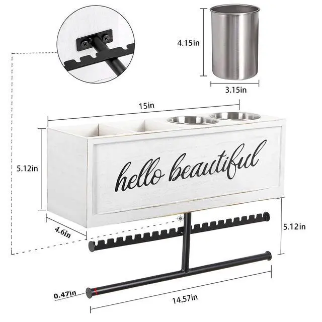 Alt view image 7 of 7 - Rustic Hair Dryer Holder Wall Mounted,Hair Styling Tools & Accessories Organizer,Bathroom Supplies & hot Tools vanities Organizer Caddy,for Storage Flat Iron,Blow Dryer,Curling Iron (White)