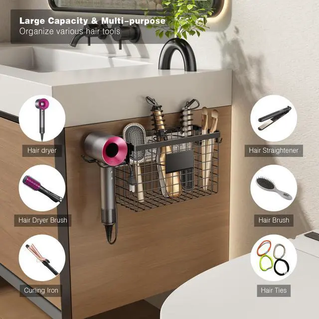 Alt view image 2 of 7 - Hair Dryer Holder Cabinet Door, Adhesive Hair Tool Organizer Wall Mount Adjustable Height Blow Dryer Holder Under Sink/Countertop for Flat Curling Iron, Hair Brush and Straightener (1, Black)