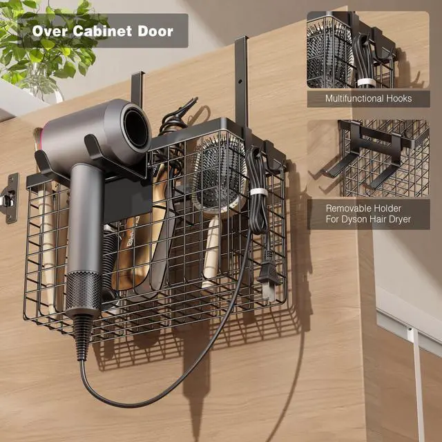 Alt view image 5 of 7 - Hair Dryer Holder Cabinet Door, Adhesive Hair Tool Organizer Wall Mount Adjustable Height Blow Dryer Holder Under Sink/Countertop for Flat Curling Iron, Hair Brush and Straightener (1, Black)
