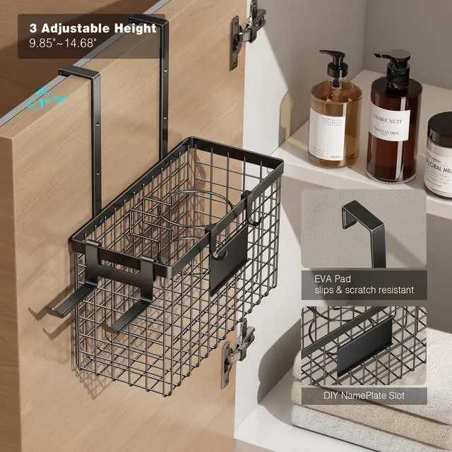 Alt view image 6 of 7 - Hair Dryer Holder Cabinet Door, Adhesive Hair Tool Organizer Wall Mount Adjustable Height Blow Dryer Holder Under Sink/Countertop for Flat Curling Iron, Hair Brush and Straightener (1, Black)