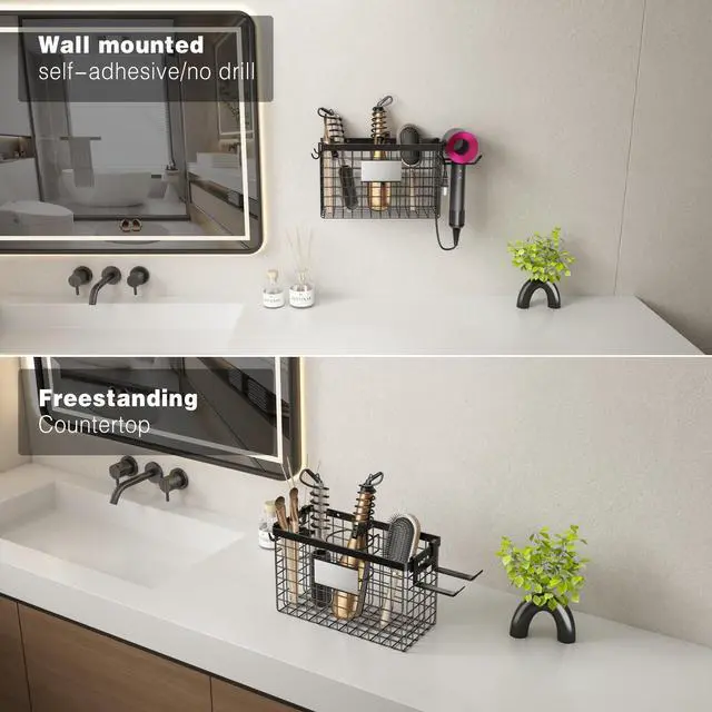 Alt view image 7 of 7 - Hair Dryer Holder Cabinet Door, Adhesive Hair Tool Organizer Wall Mount Adjustable Height Blow Dryer Holder Under Sink/Countertop for Flat Curling Iron, Hair Brush and Straightener (1, Black)