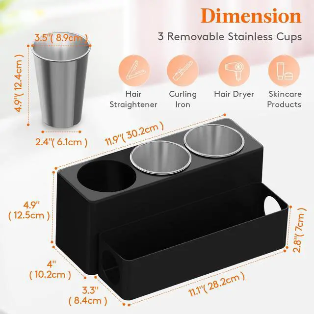 Alt view image 2 of 7 - Hair Tool Organizer Dryer Holder Countertop with 3 Cups, Black