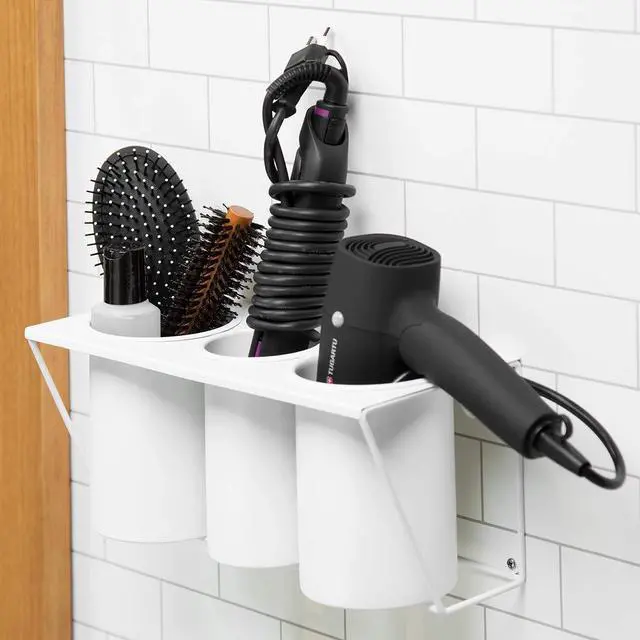 Main image of Wall Mount Hair Dryer Holder Hair Styling Product Care Tool Organizer Bath Supplies Accessories Tray Stand Storage Bathroom Steel (White) MK470A