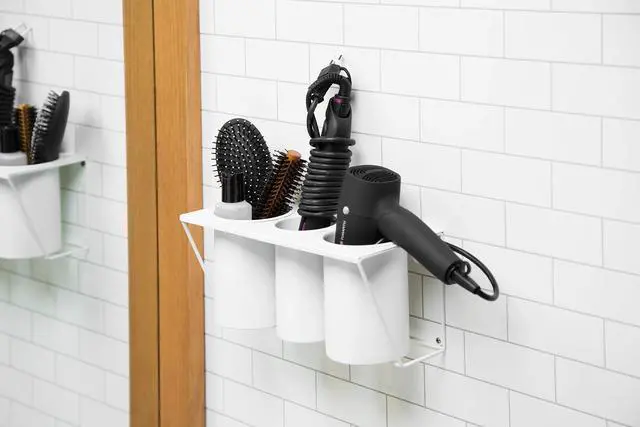 Alt view image 5 of 6 - Wall Mount Hair Dryer Holder Hair Styling Product Care Tool Organizer Bath Supplies Accessories Tray Stand Storage Bathroom Steel (White) MK470A