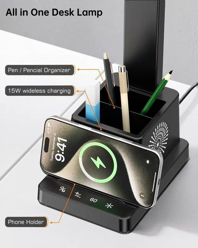 Alt view image 3 of 7 - LED Desk Lamp for Home Office,15W Wireless Charger Pen Holder, Black