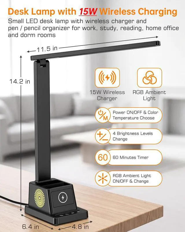 Alt view image 2 of 7 - LED Desk Lamp for Home Office,15W Wireless Charger Pen Holder, Black
