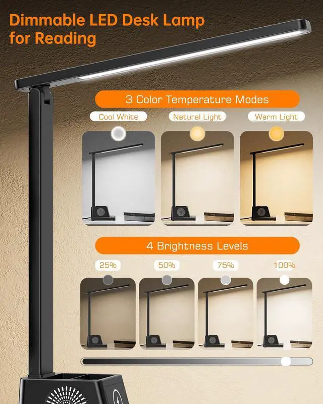 Alt view image 4 of 7 - LED Desk Lamp for Home Office,15W Wireless Charger Pen Holder, Black