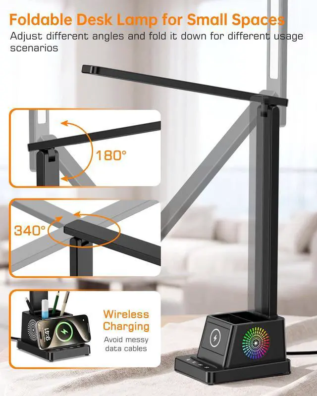 Alt view image 7 of 7 - LED Desk Lamp for Home Office,15W Wireless Charger Pen Holder, Black