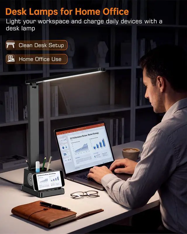 Alt view image 6 of 7 - LED Desk Lamp for Home Office,15W Wireless Charger Pen Holder, Black