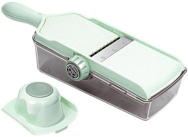 Main image of 304 Stainless Steel Cutter, Vegetable Slicer with Drain Basket, Adjustable Thickness Mandoline Slicer, Mint Green Food Chopper, Includes Hand Guard