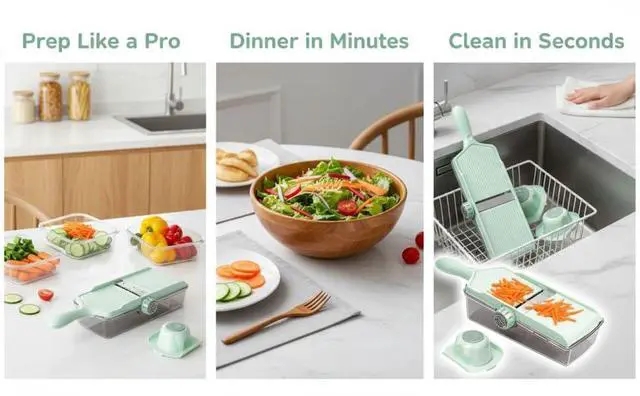 Alt view image 5 of 5 - 304 Stainless Steel Cutter, Vegetable Slicer with Drain Basket, Adjustable Thickness Mandoline Slicer, Mint Green Food Chopper, Includes Hand Guard
